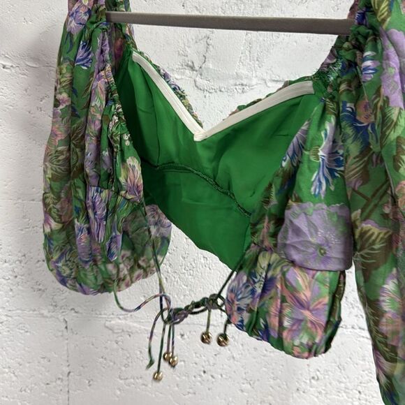 Floral Green Puff Sleeve Long Sleeve Crop Top - Open Back Ties - Size Medium - Picture 3 of 4